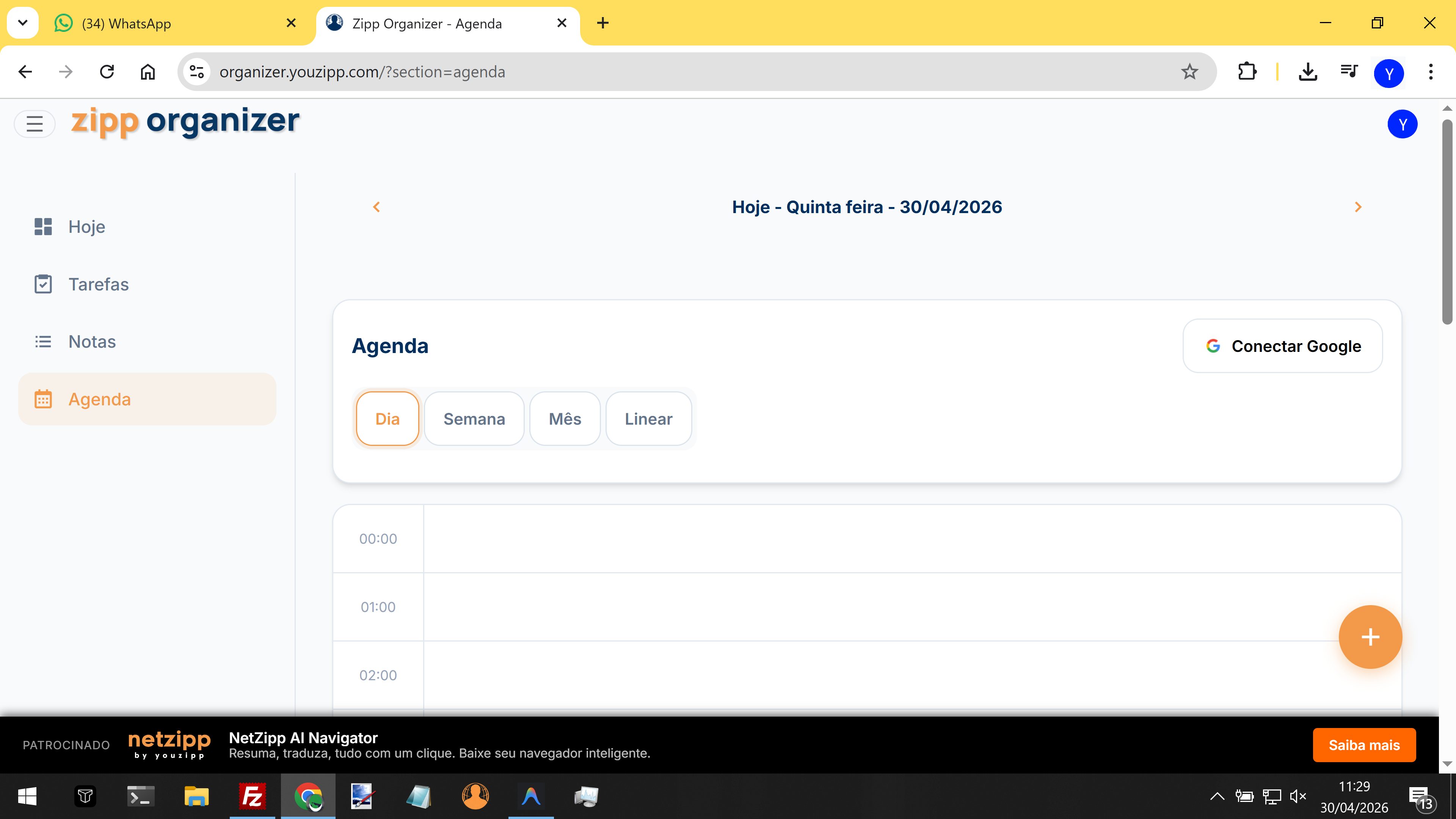 Tela do Zipp Organizer com agenda, tarefas e notas