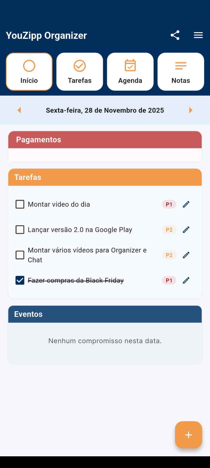 Tela principal do app Zipp Organizer